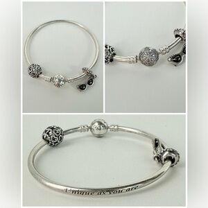 Pandora “Unique As You Are”‎ Bangle w/ Snowflake, Heart & Sunglasses Charms 925